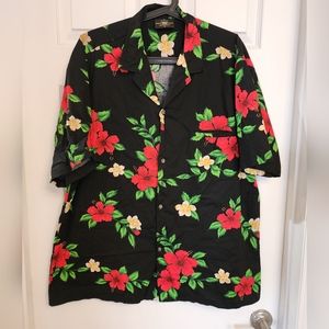 Royal Hawaiian Creations XL Blk Red Orange Hibiscus Flowers Hawaiian Aloha Shirt